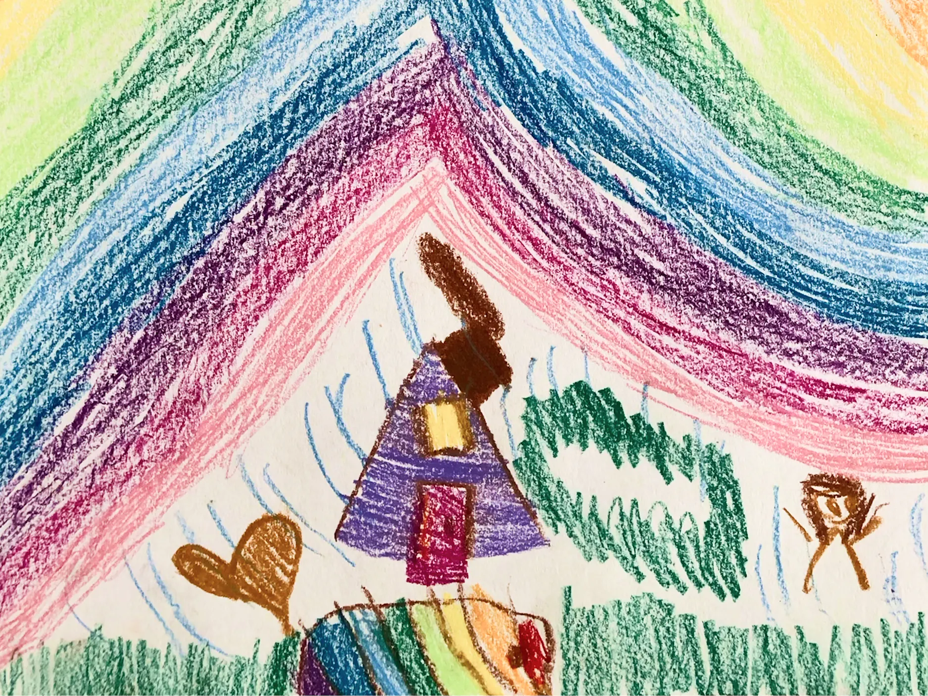 Ilustracija v otroškem stilu, nad hišo je velika mavrica
